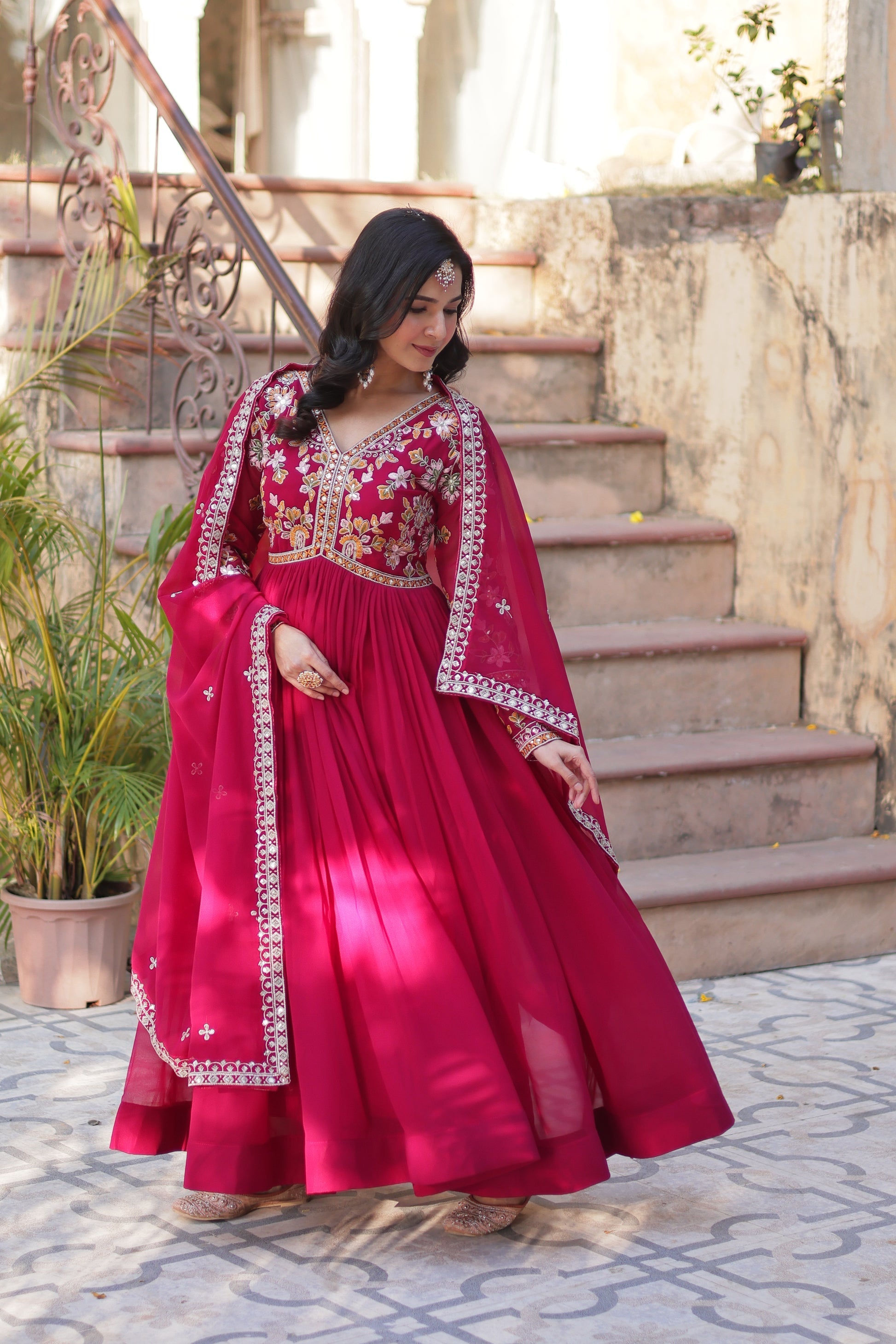 Ruhika pink festive wear embroidered Alia cut Anarkali suit