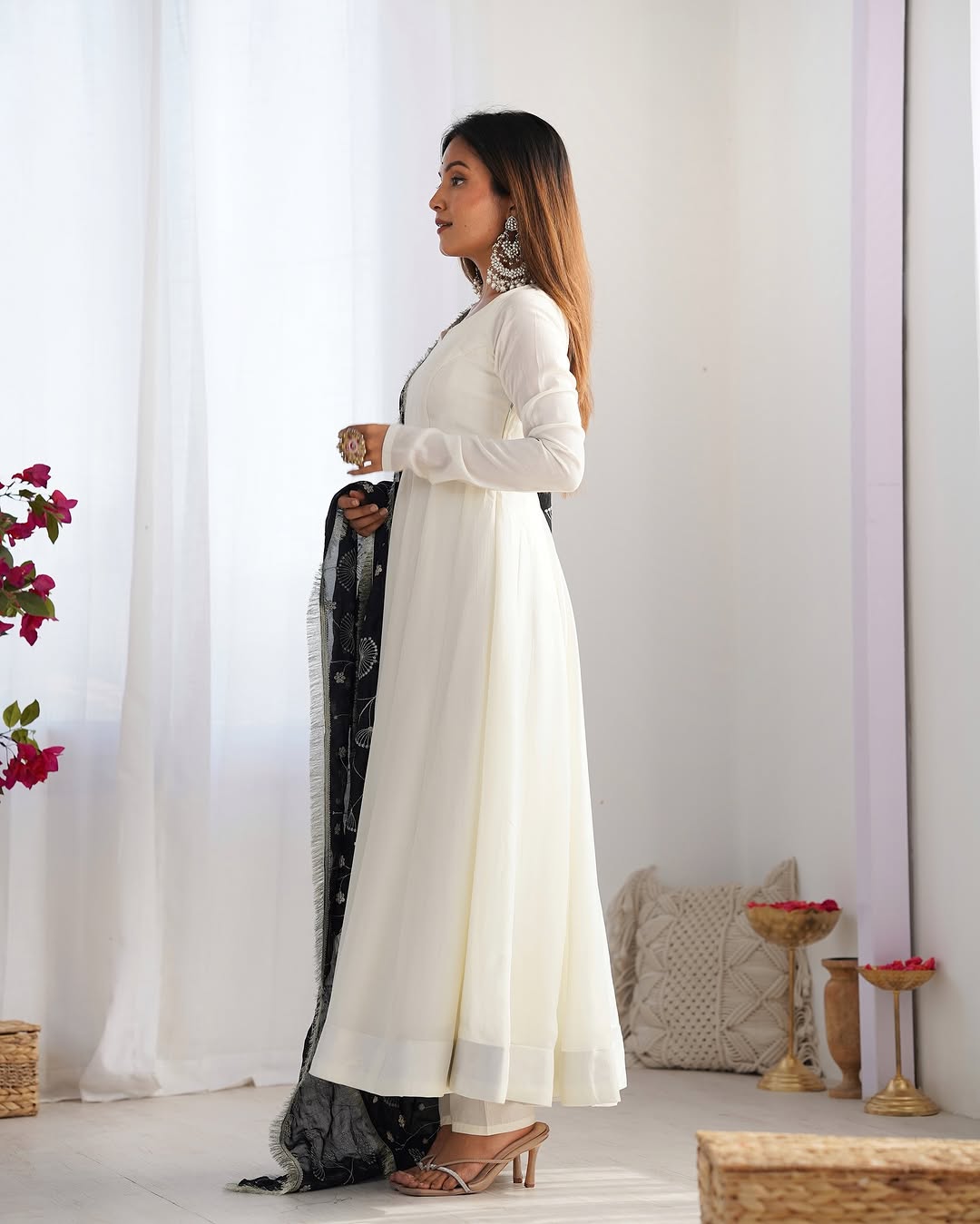 Saesha white anarkali gown set with black dupatta