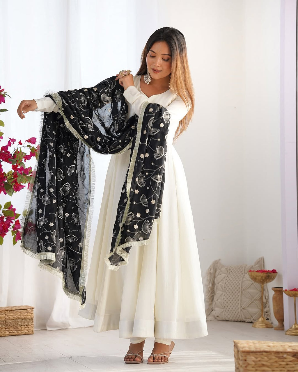 Saesha white anarkali gown set with black dupatta