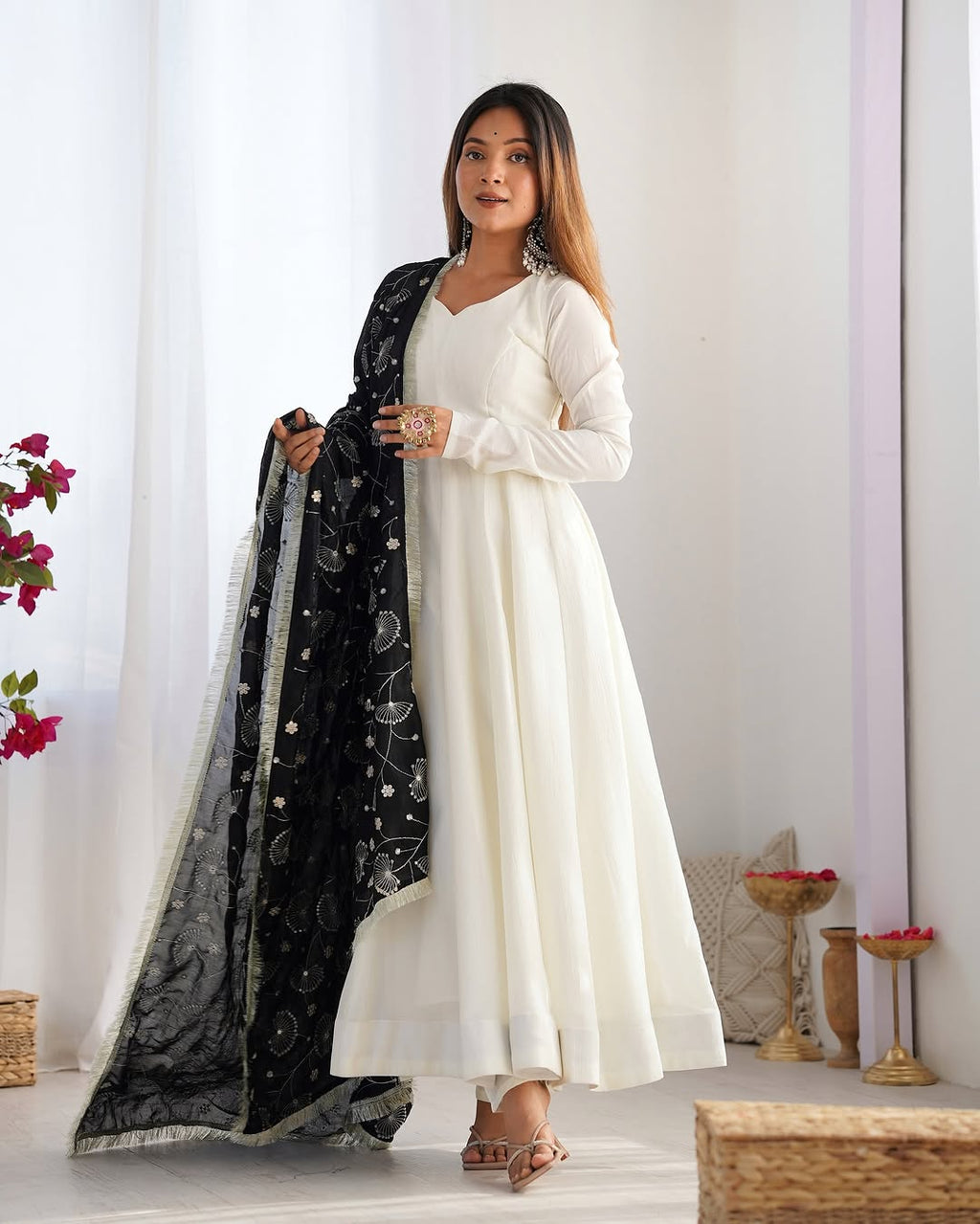 Saesha white anarkali gown set with black dupatta