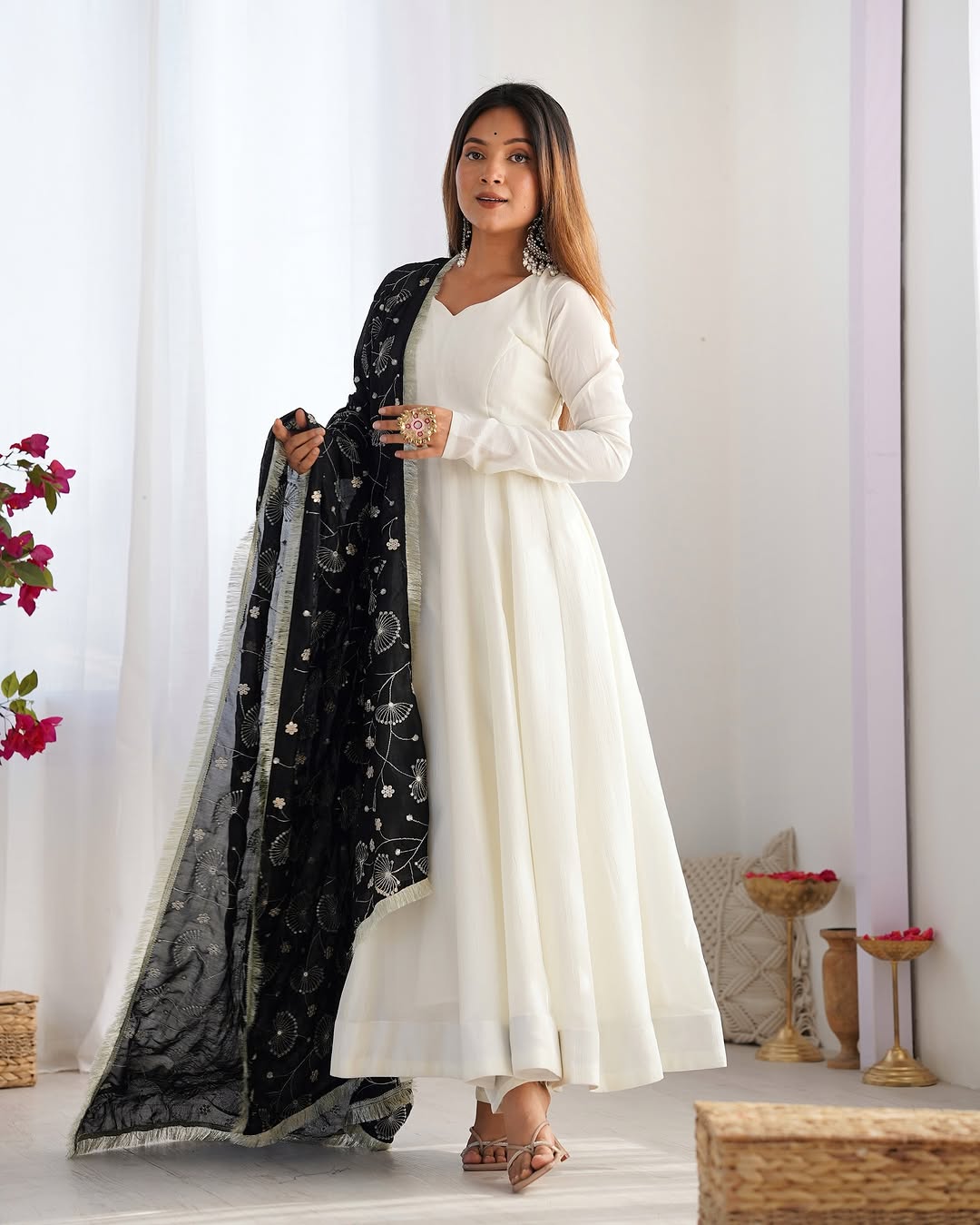 Saesha white anarkali gown set with black dupatta