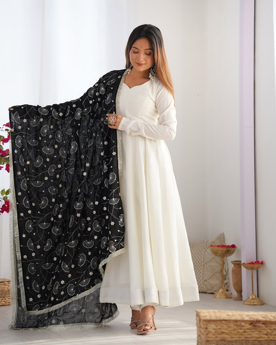 Saesha white anarkali gown set with black dupatta