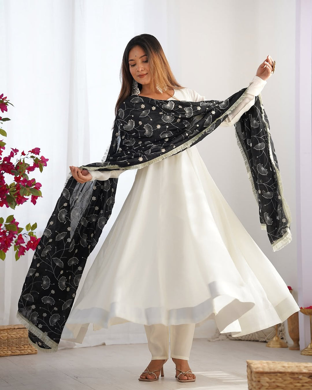 Saesha white anarkali gown set with black dupatta