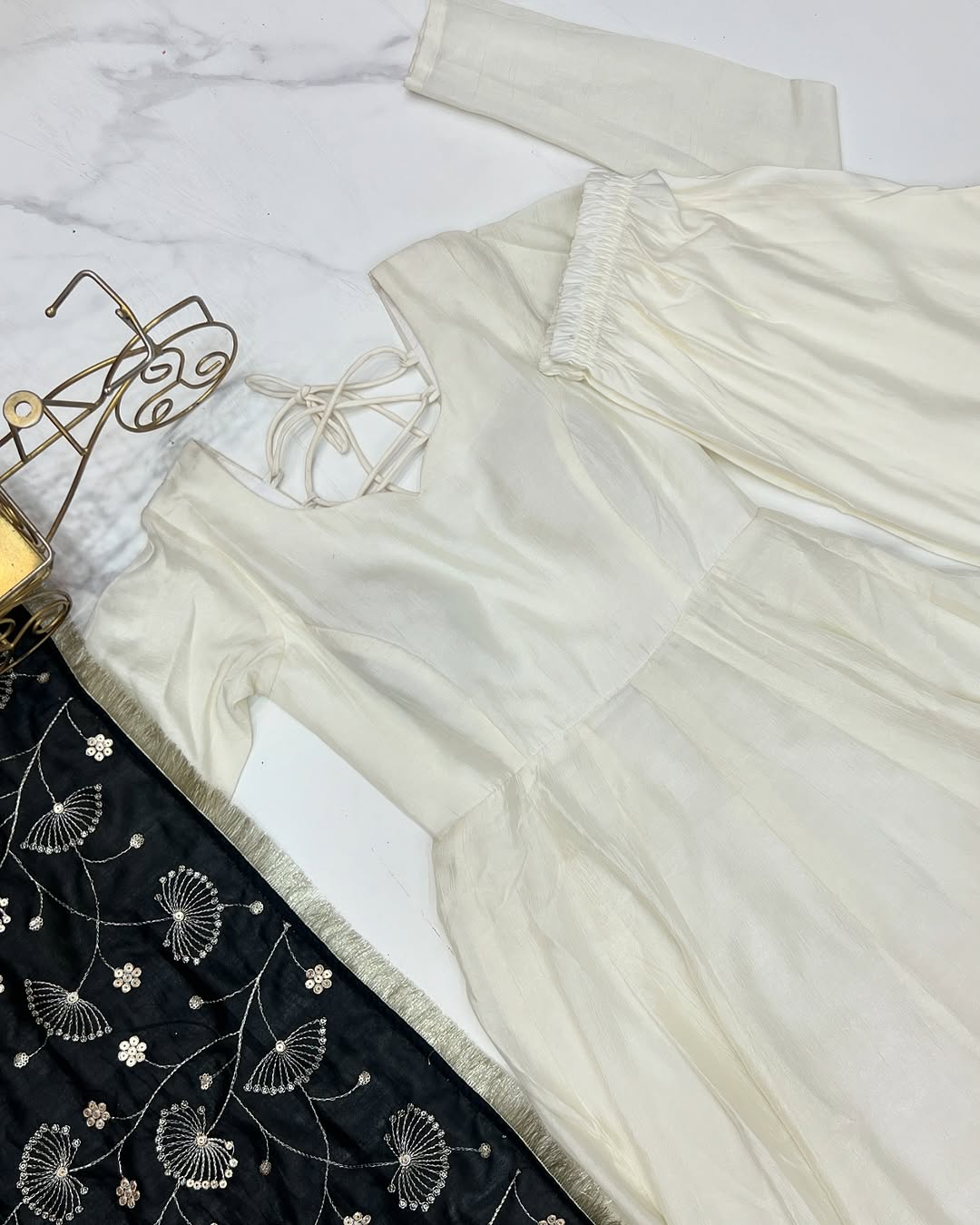 Saesha white anarkali gown set with black dupatta