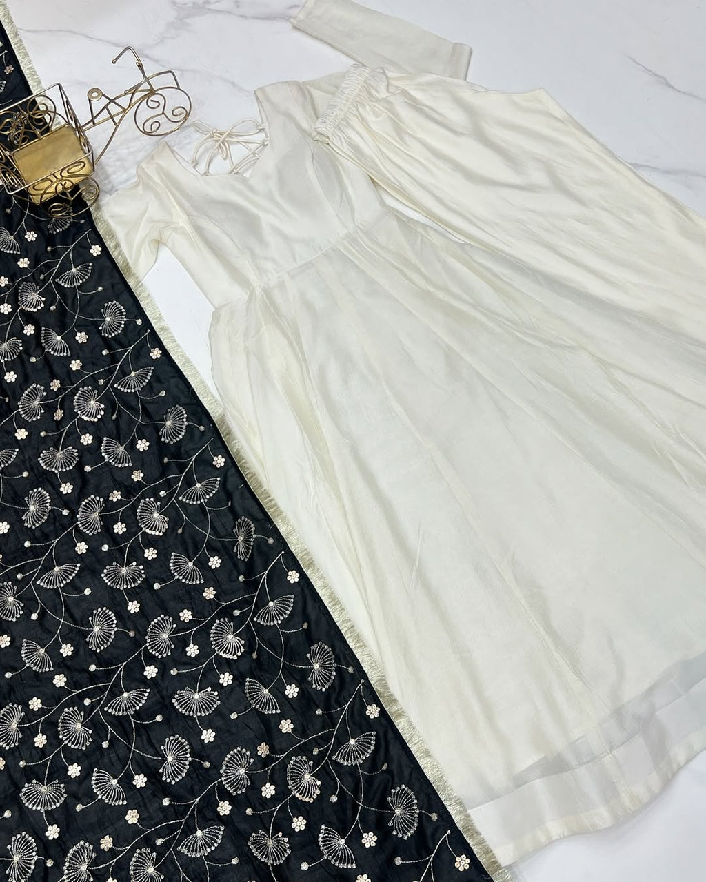 Saesha white anarkali gown set with black dupatta