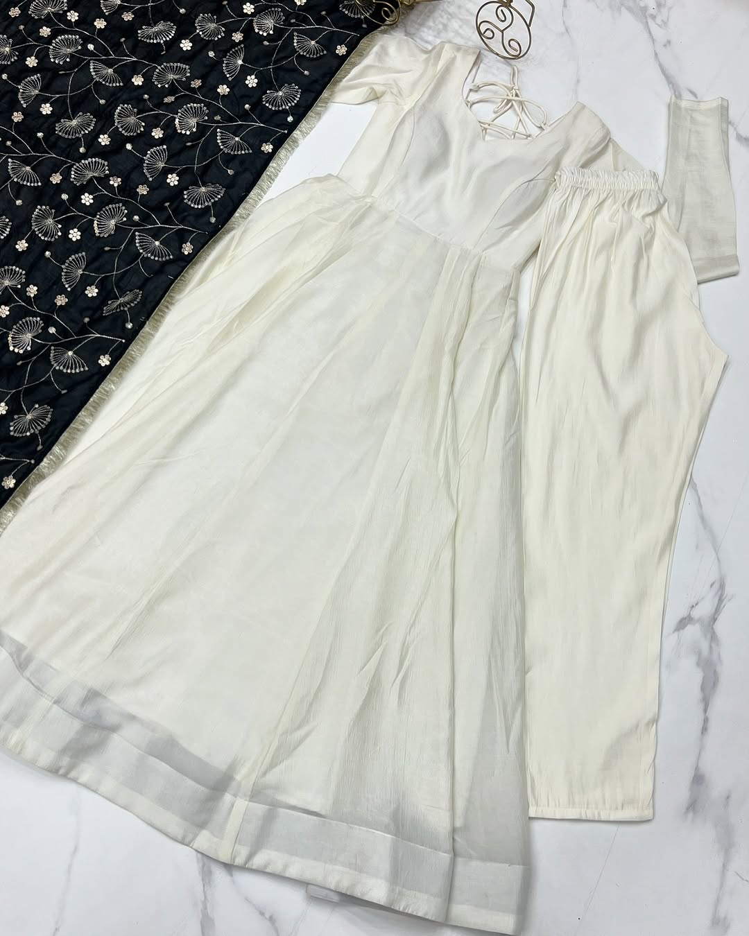 Saesha white anarkali gown set with black dupatta
