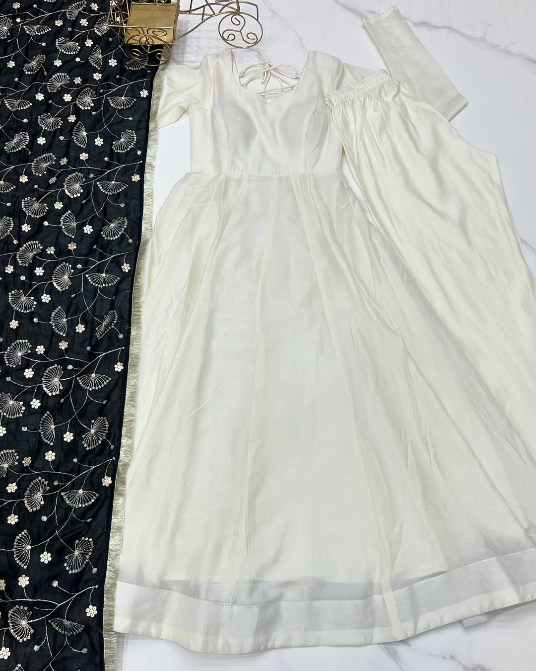 Saesha white anarkali gown set with black dupatta