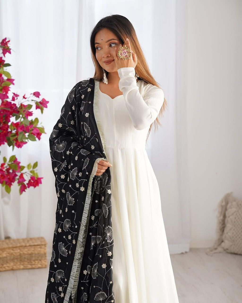 Saesha white anarkali gown set with black dupatta