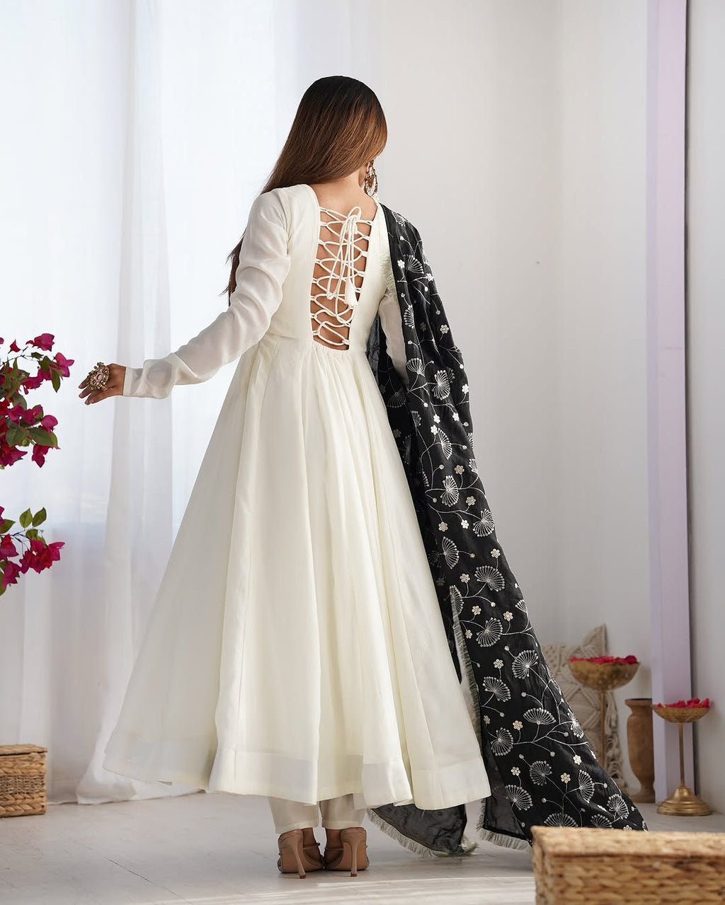 Saesha white anarkali gown set with black dupatta