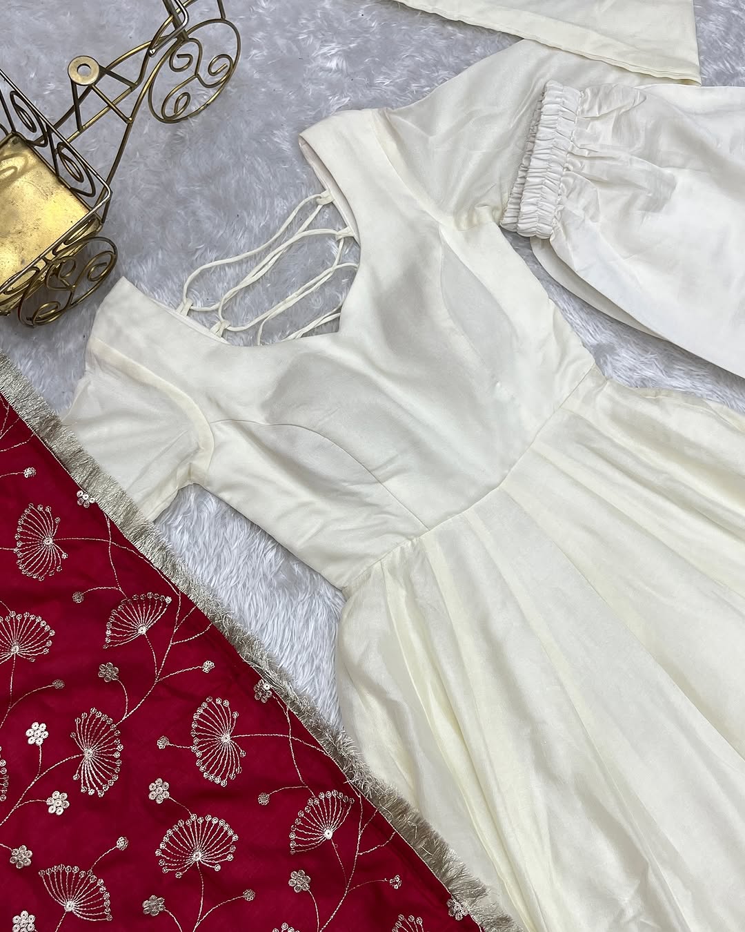 White Vichitra silk Saesha Anarkali gown paired with pink dupatta