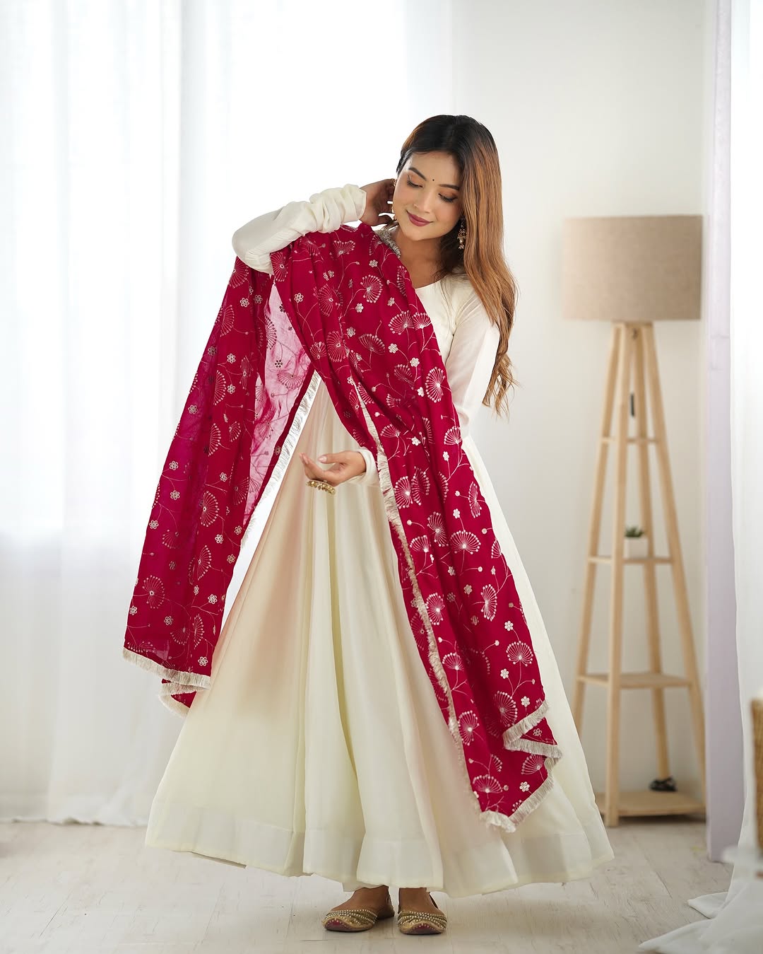 White Vichitra silk Saesha Anarkali gown paired with pink dupatta