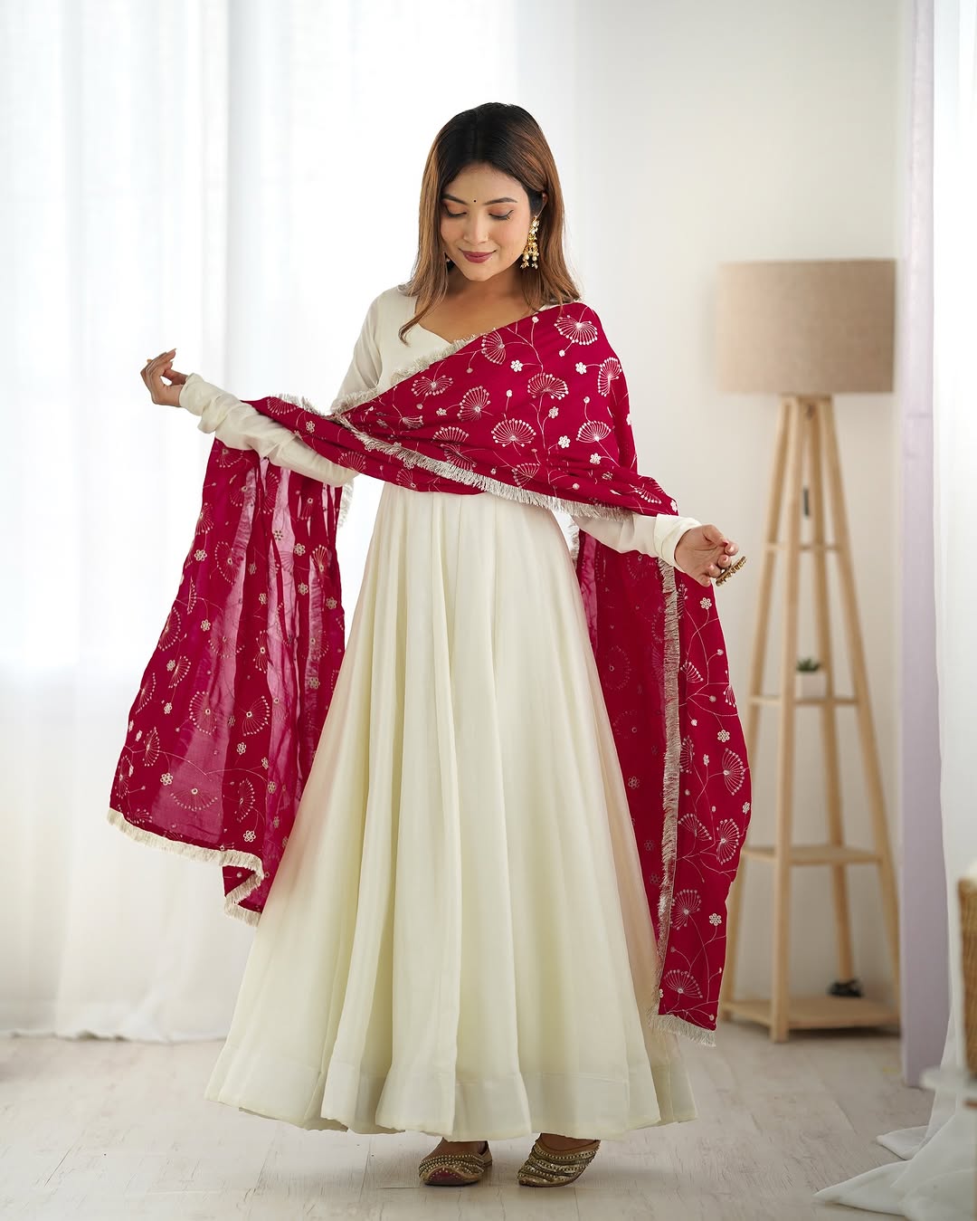 White Vichitra silk Saesha Anarkali gown paired with pink dupatta