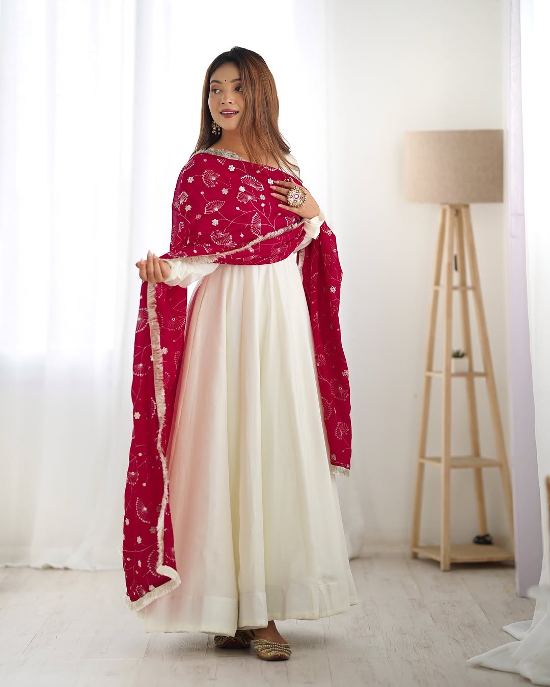 White Vichitra silk Saesha Anarkali gown paired with pink dupatta
