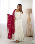 White Vichitra silk Saesha Anarkali gown paired with pink dupatta