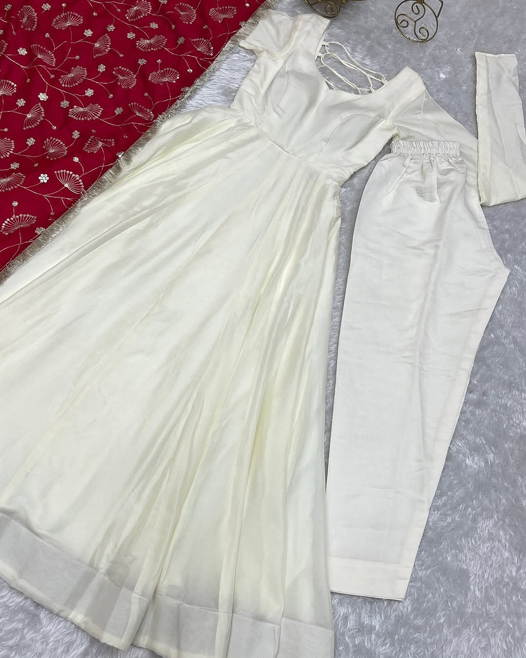 White Vichitra silk Saesha Anarkali gown paired with pink dupatta