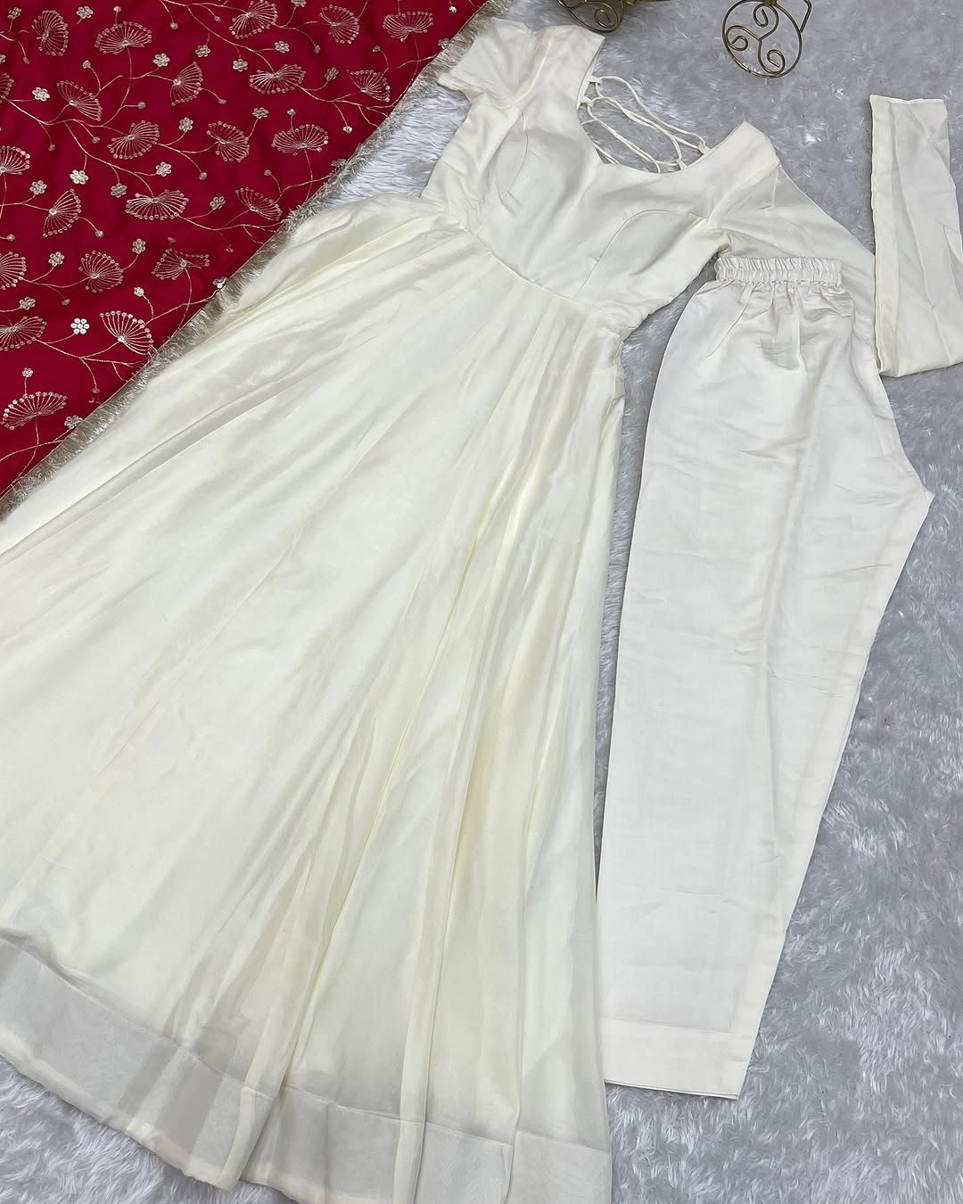 White Vichitra silk Saesha Anarkali gown paired with pink dupatta