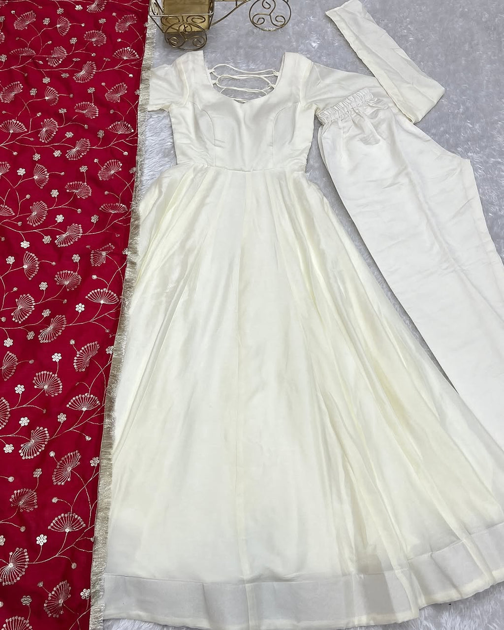 White Vichitra silk Saesha Anarkali gown paired with pink dupatta