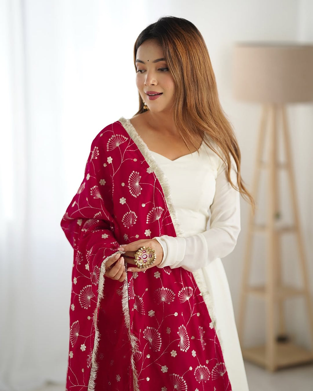 White Vichitra silk Saesha Anarkali gown paired with pink dupatta