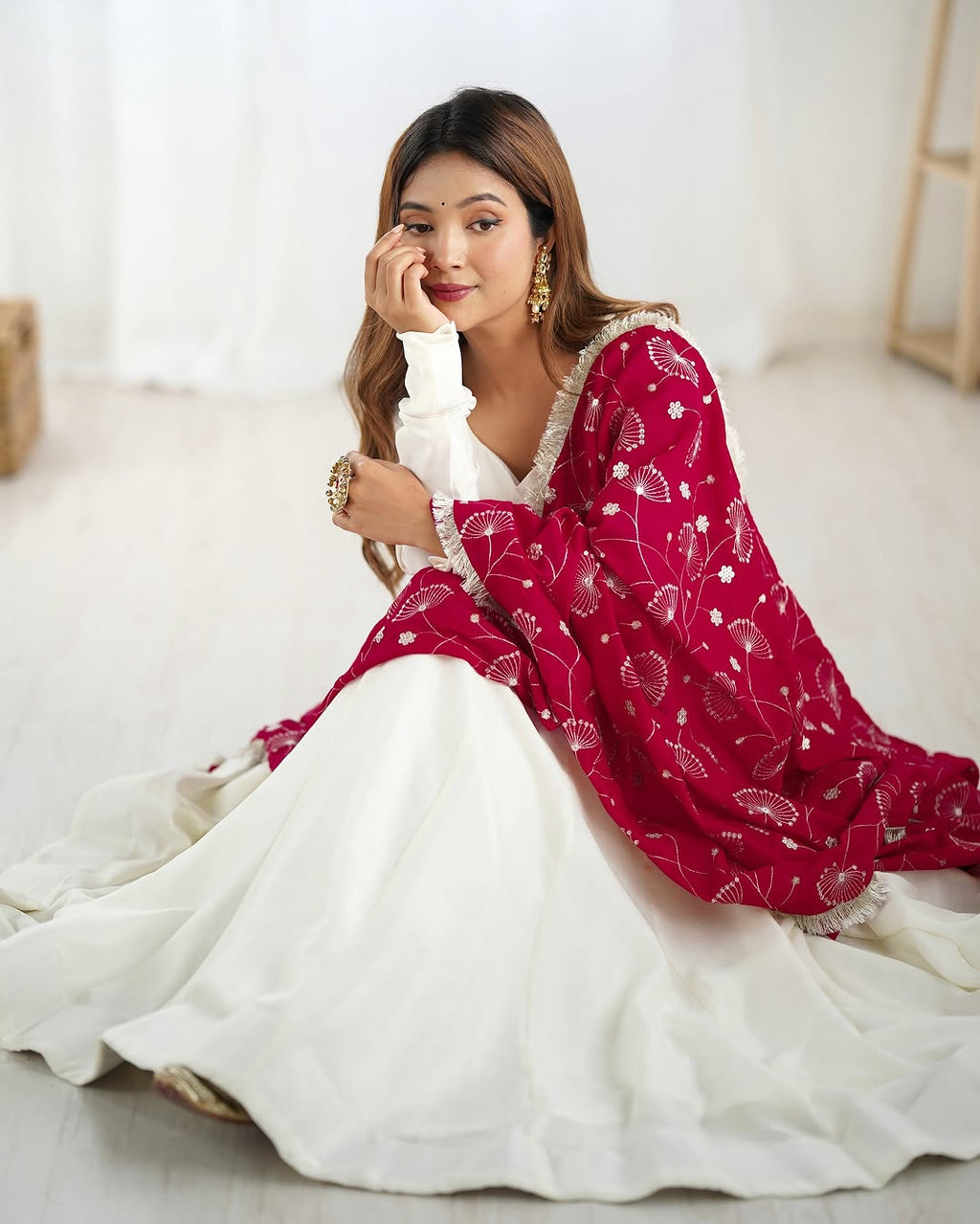 White Vichitra silk Saesha Anarkali gown paired with pink dupatta