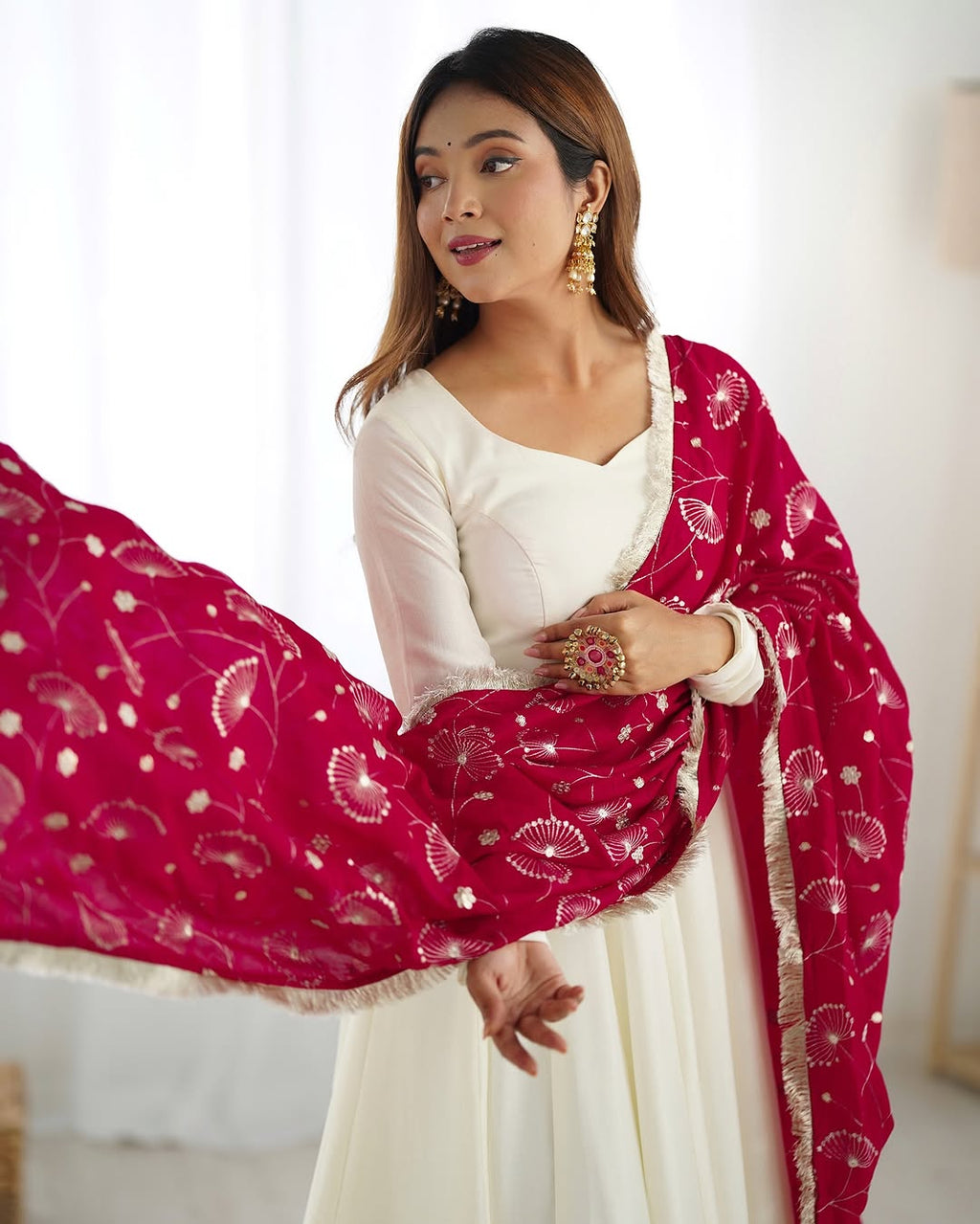 White Vichitra silk Saesha Anarkali gown paired with pink dupatta