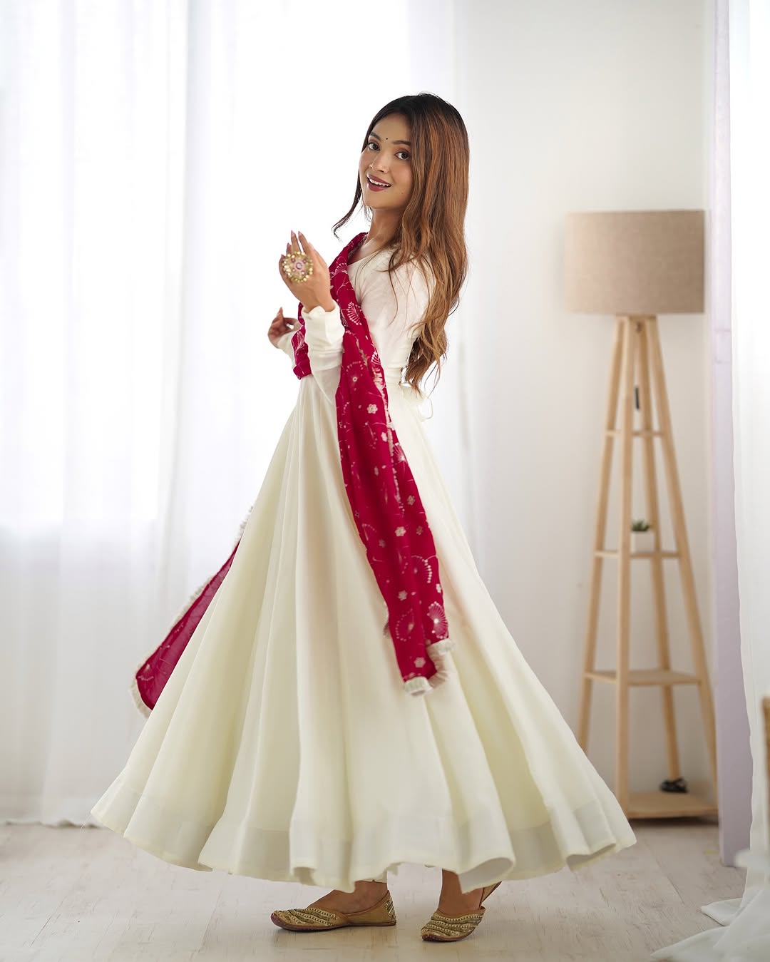White Vichitra silk Saesha Anarkali gown paired with pink dupatta