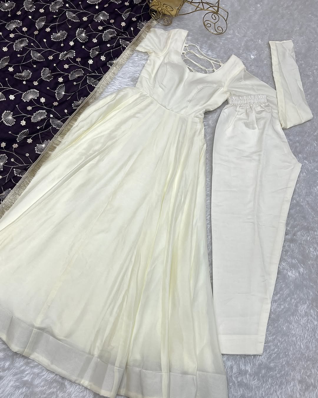 White Vichitra silk Saesha Anarkali gown paired with purple dupatta