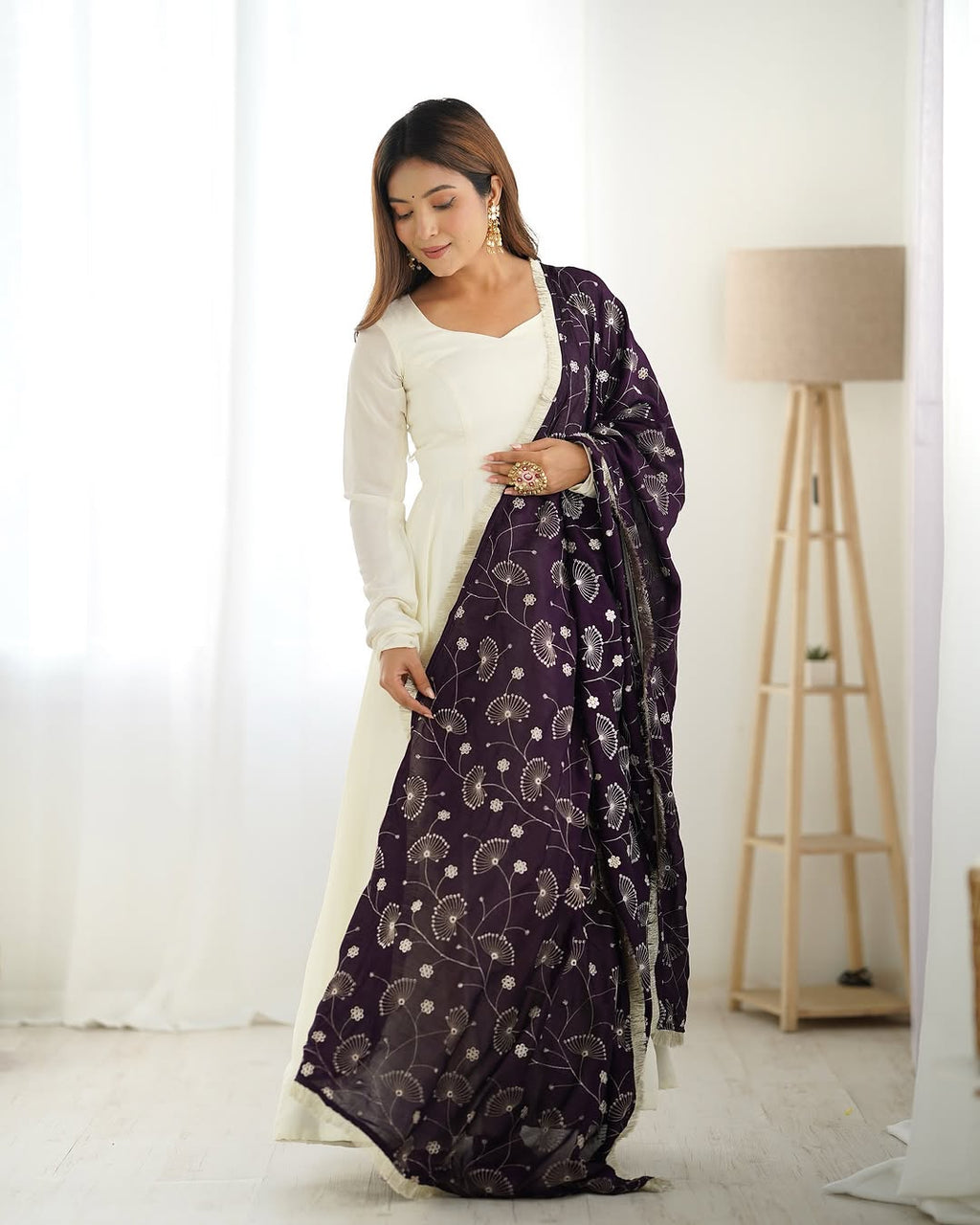 White Vichitra silk Saesha Anarkali gown paired with purple dupatta