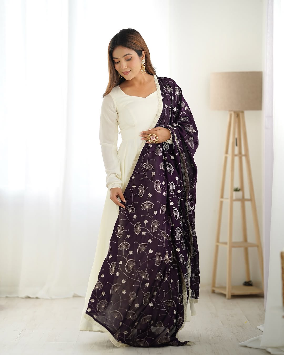 White Vichitra silk Saesha Anarkali gown paired with purple dupatta