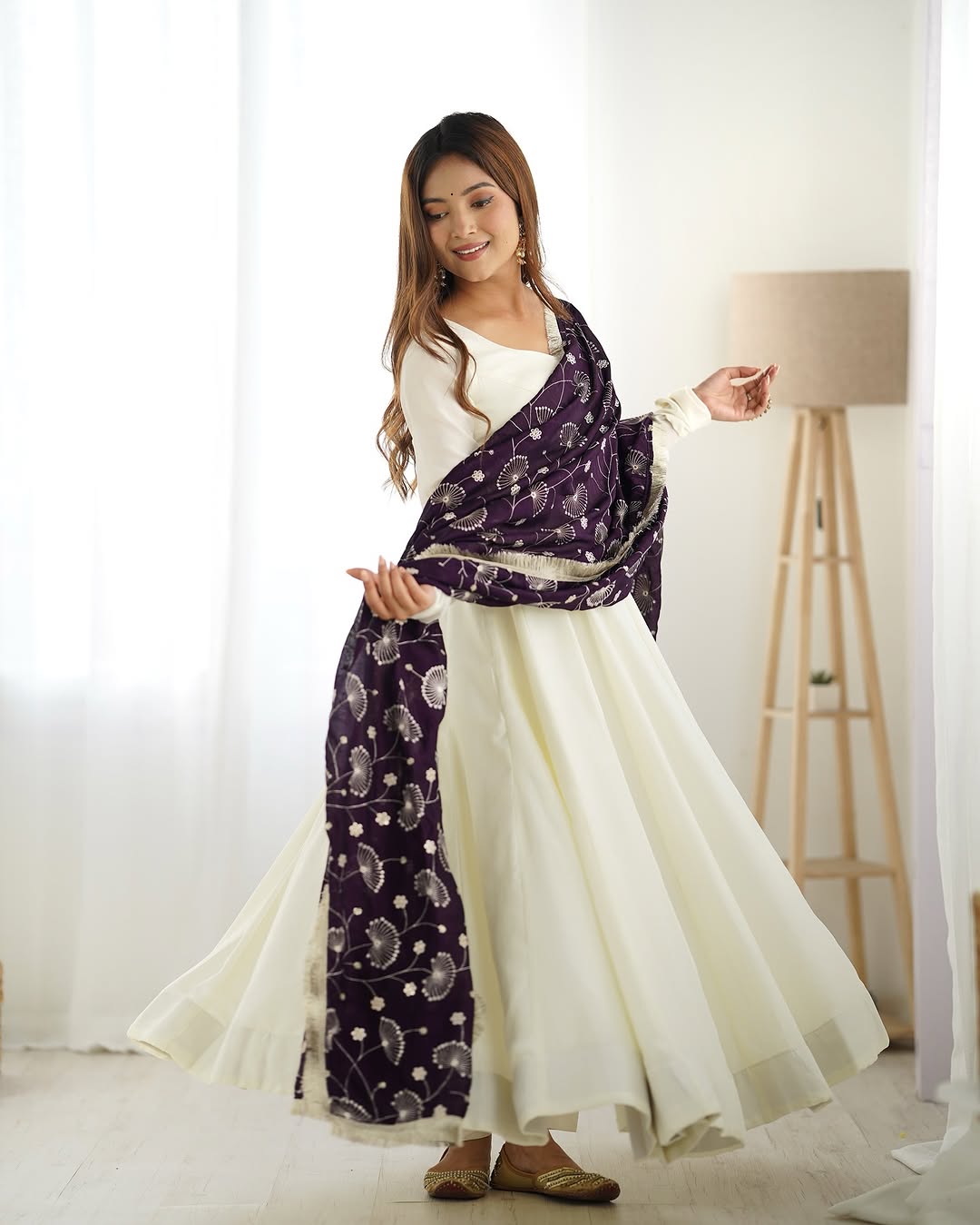 White Vichitra silk Saesha Anarkali gown paired with purple dupatta