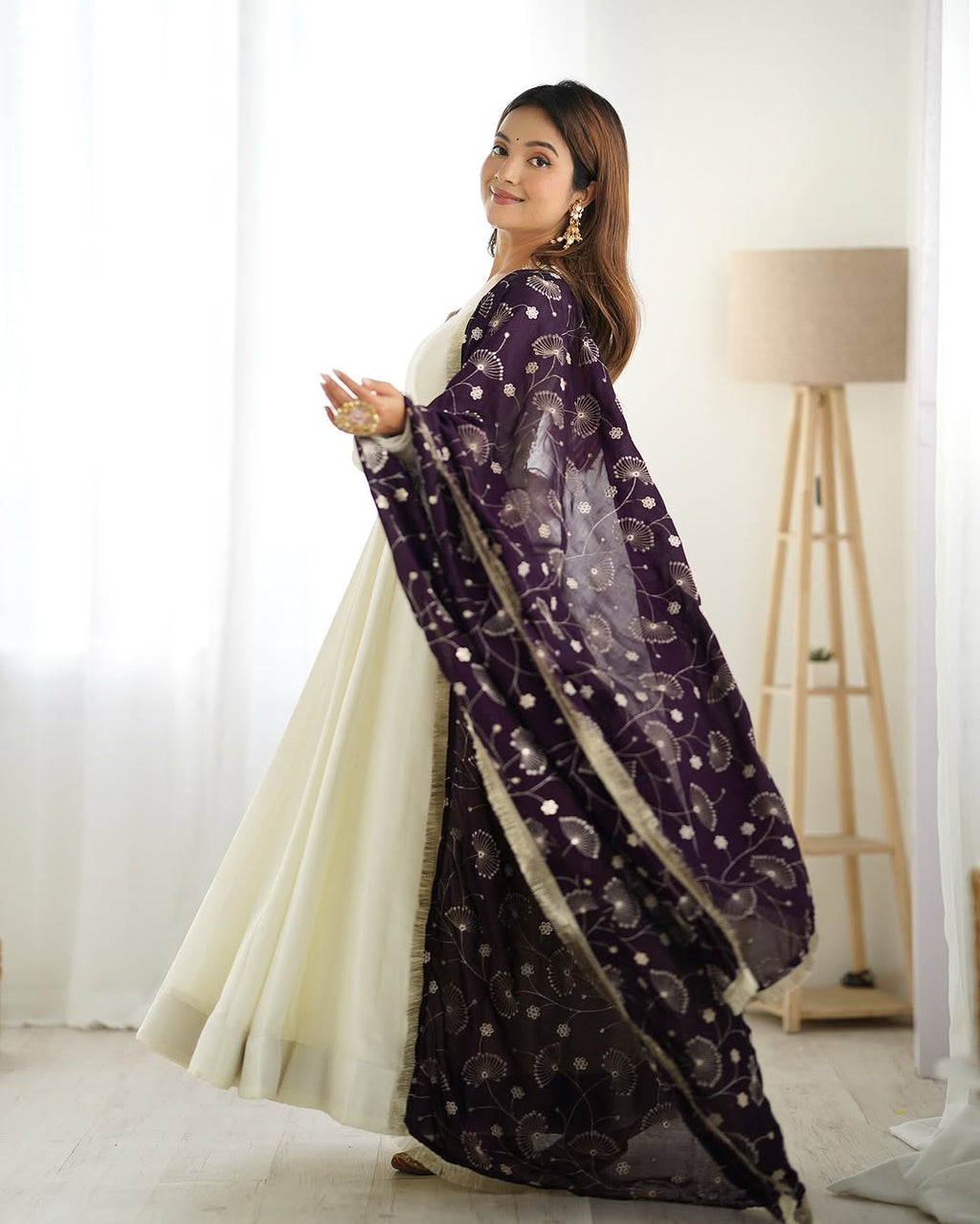 White Vichitra silk Saesha Anarkali gown paired with purple dupatta