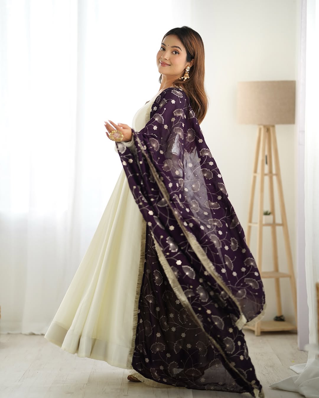 White Vichitra silk Saesha Anarkali gown paired with purple dupatta