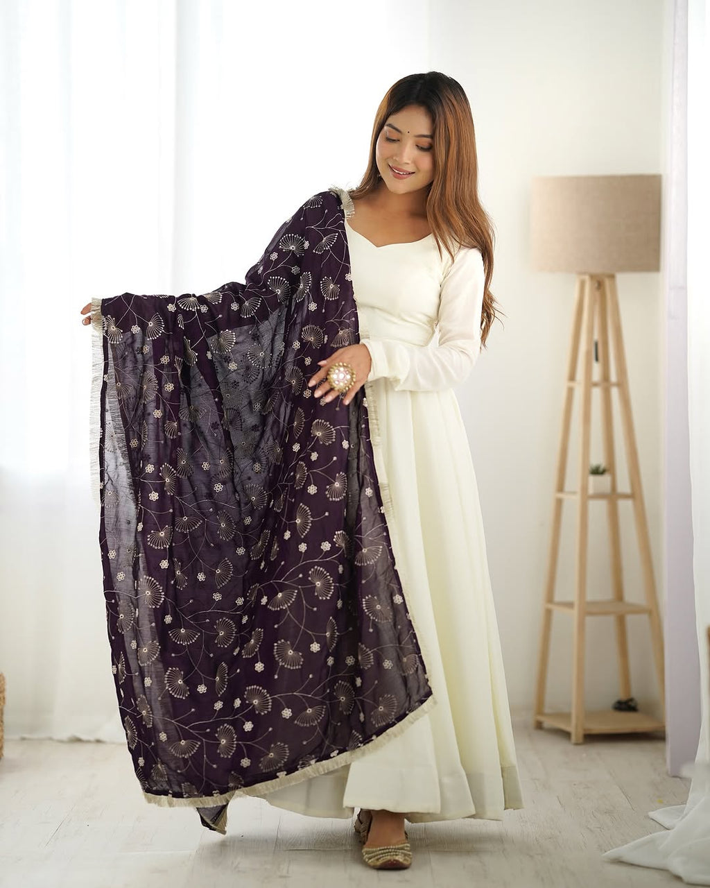 White Vichitra silk Saesha Anarkali gown paired with purple dupatta