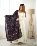 White Vichitra silk Saesha Anarkali gown paired with purple dupatta