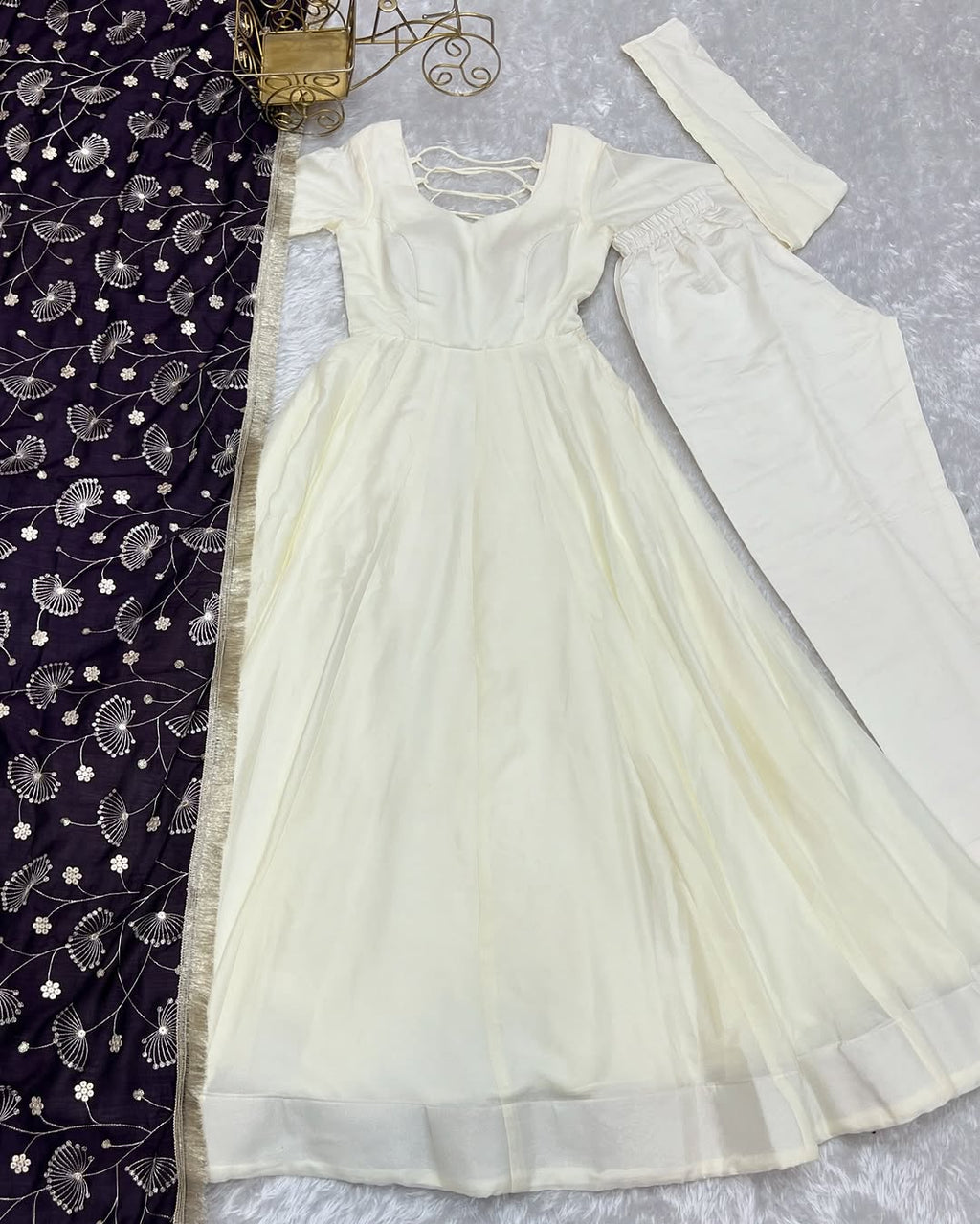 White Vichitra silk Saesha Anarkali gown paired with purple dupatta