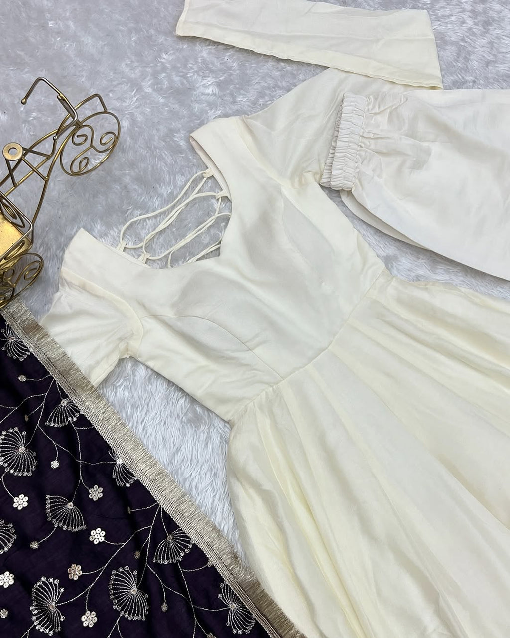 White Vichitra silk Saesha Anarkali gown paired with purple dupatta