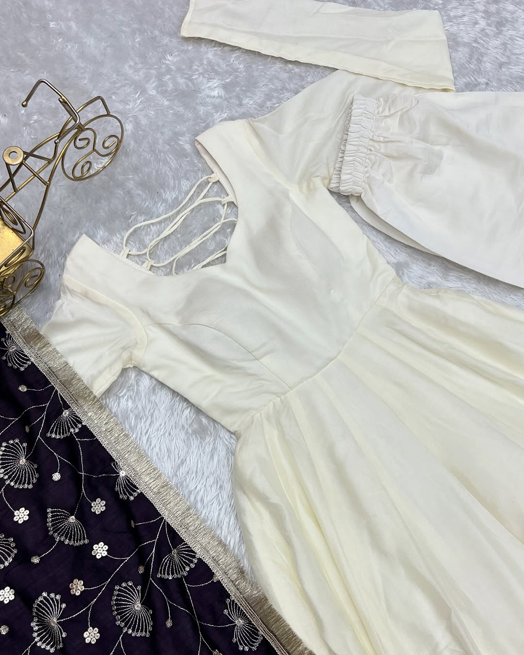 White Vichitra silk Saesha Anarkali gown paired with purple dupatta