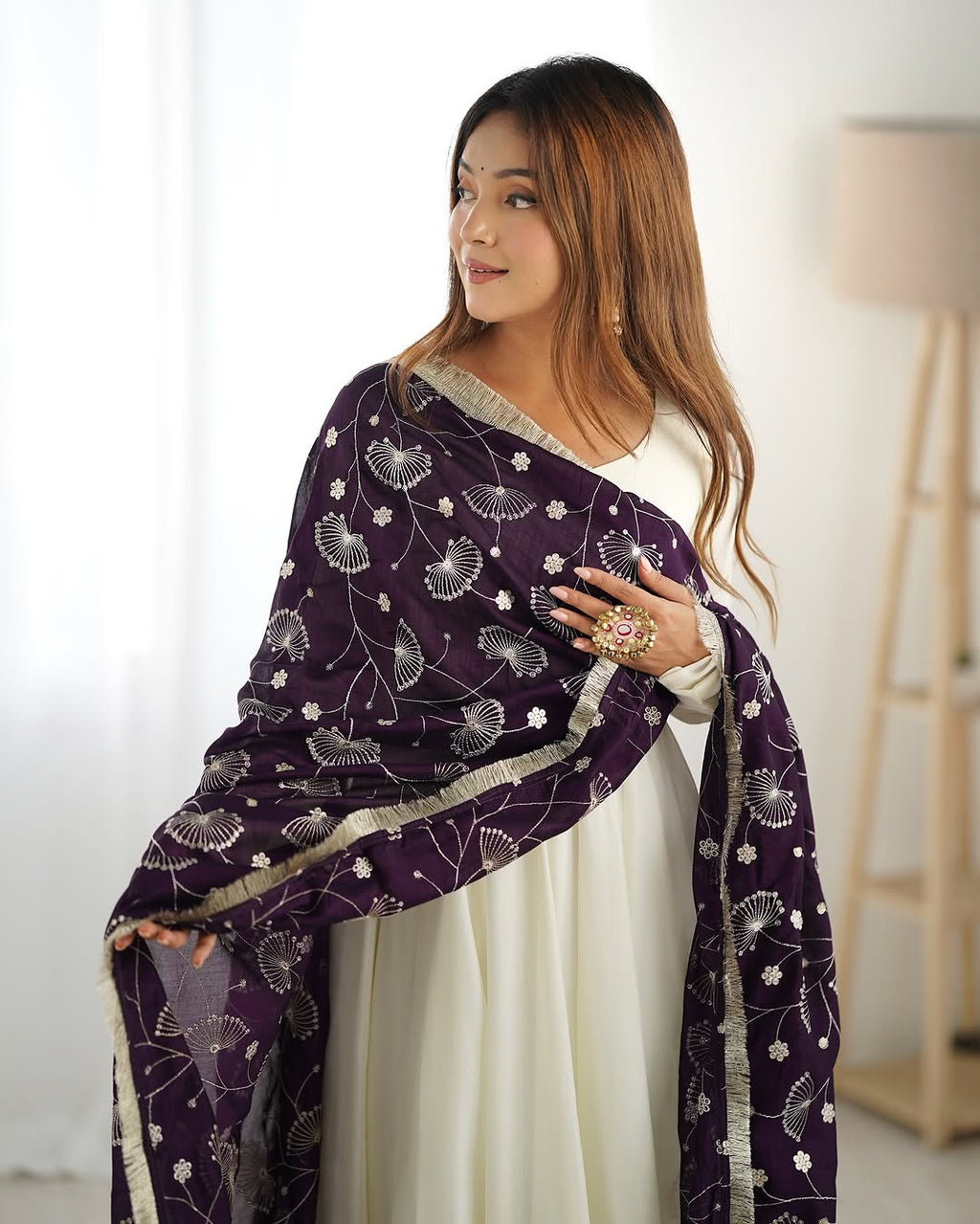 White Vichitra silk Saesha Anarkali gown paired with purple dupatta