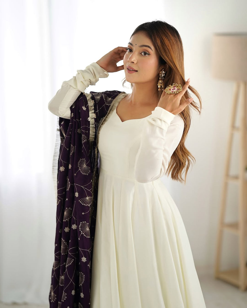 White Vichitra silk Saesha Anarkali gown paired with purple dupatta