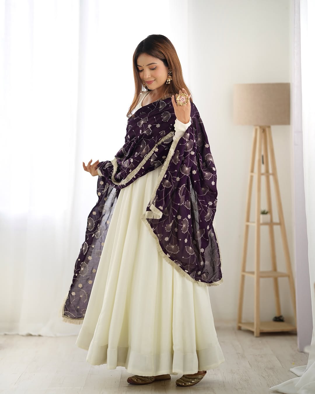White Vichitra silk Saesha Anarkali gown paired with purple dupatta