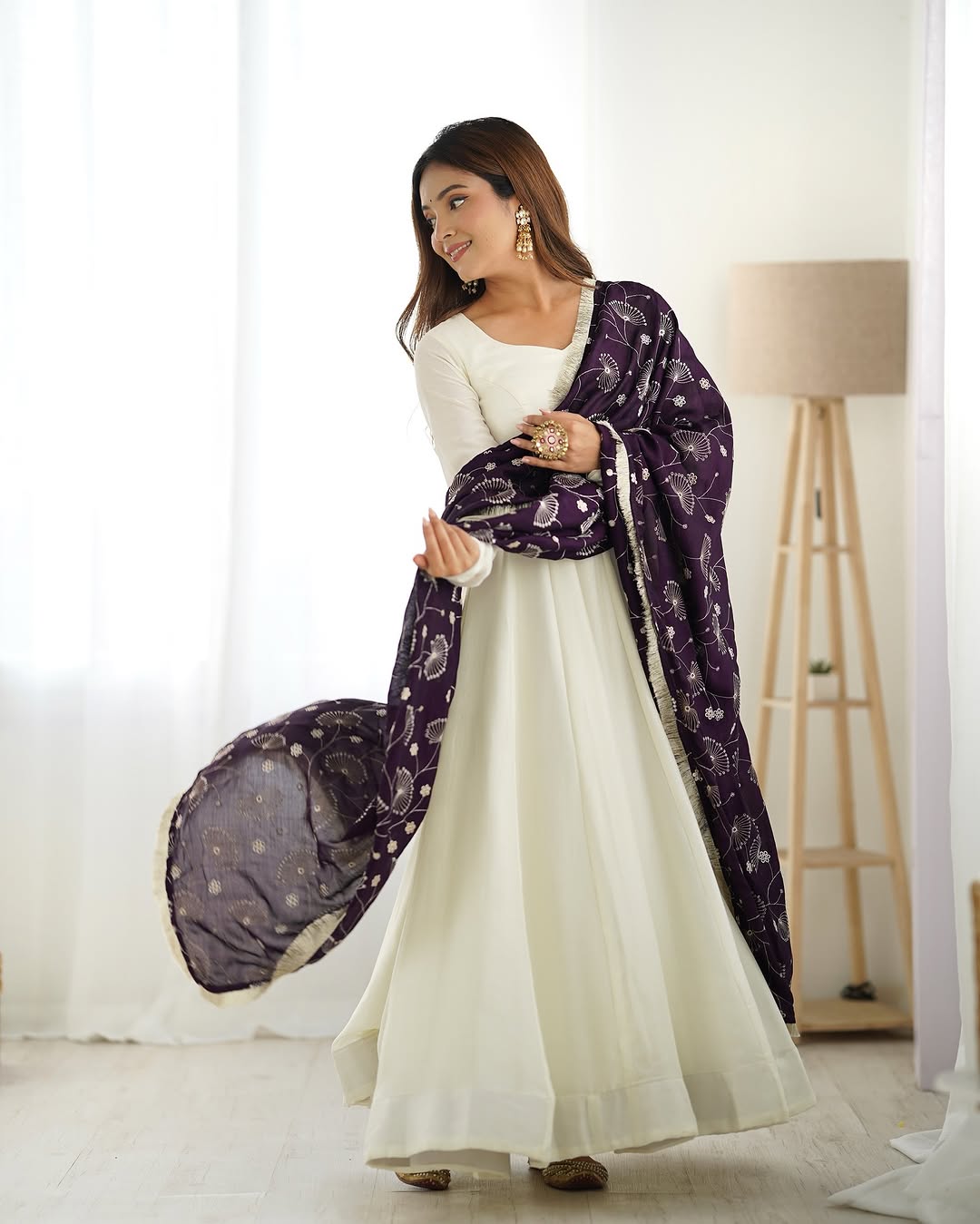 White Vichitra silk Saesha Anarkali gown paired with purple dupatta