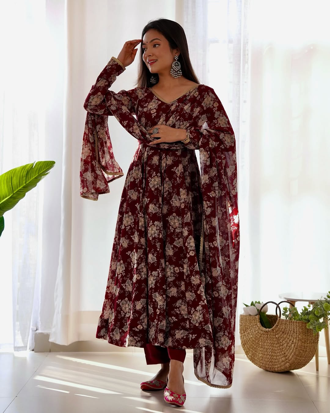 Saisha brown georgette flared anarkali suit set