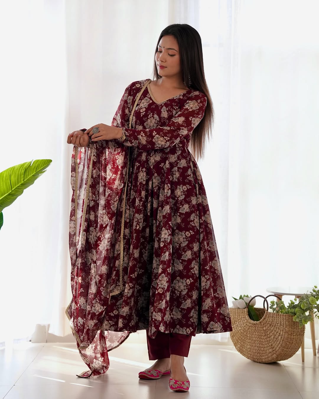 Saisha brown georgette flared anarkali suit set