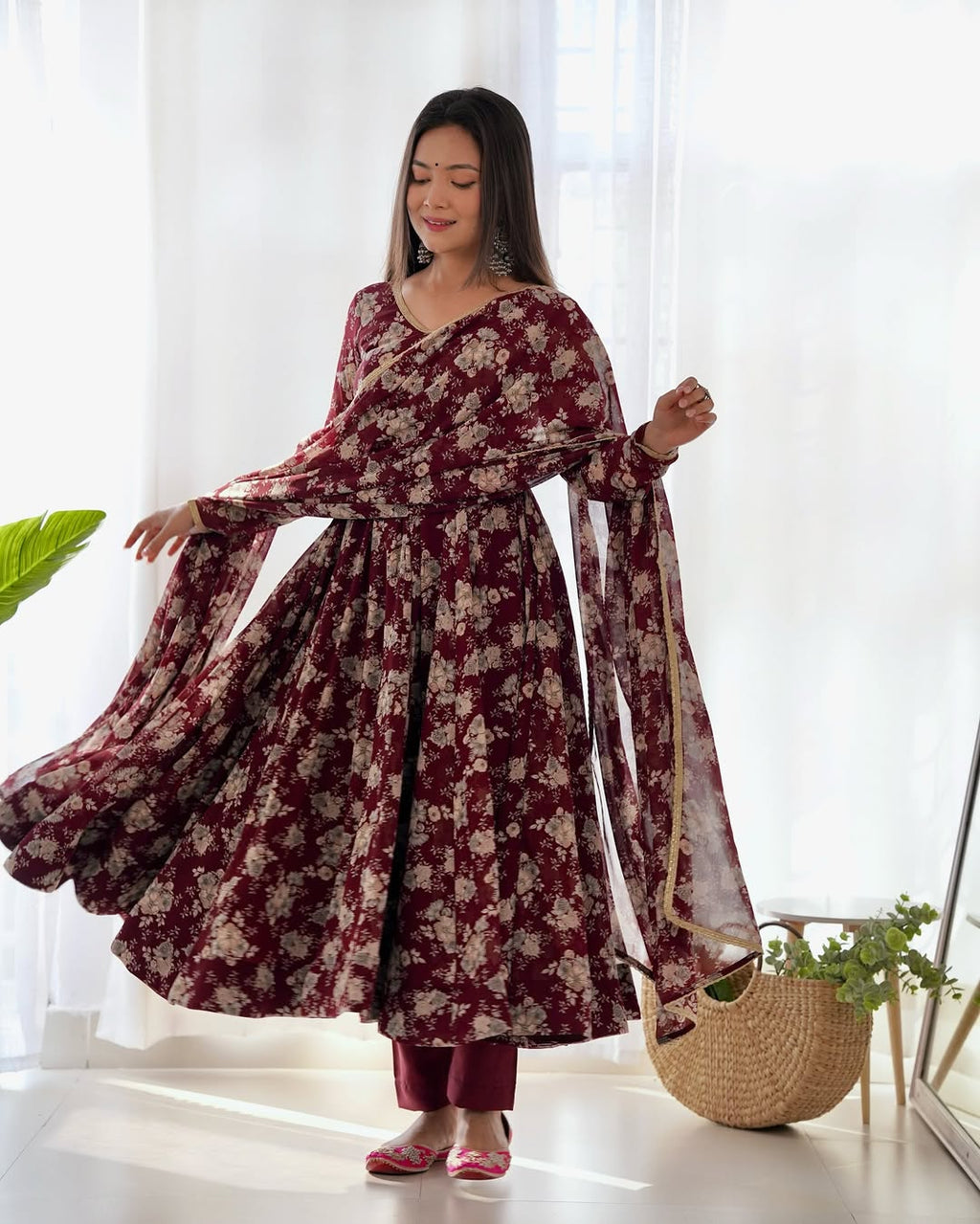 Saisha brown georgette flared anarkali suit set