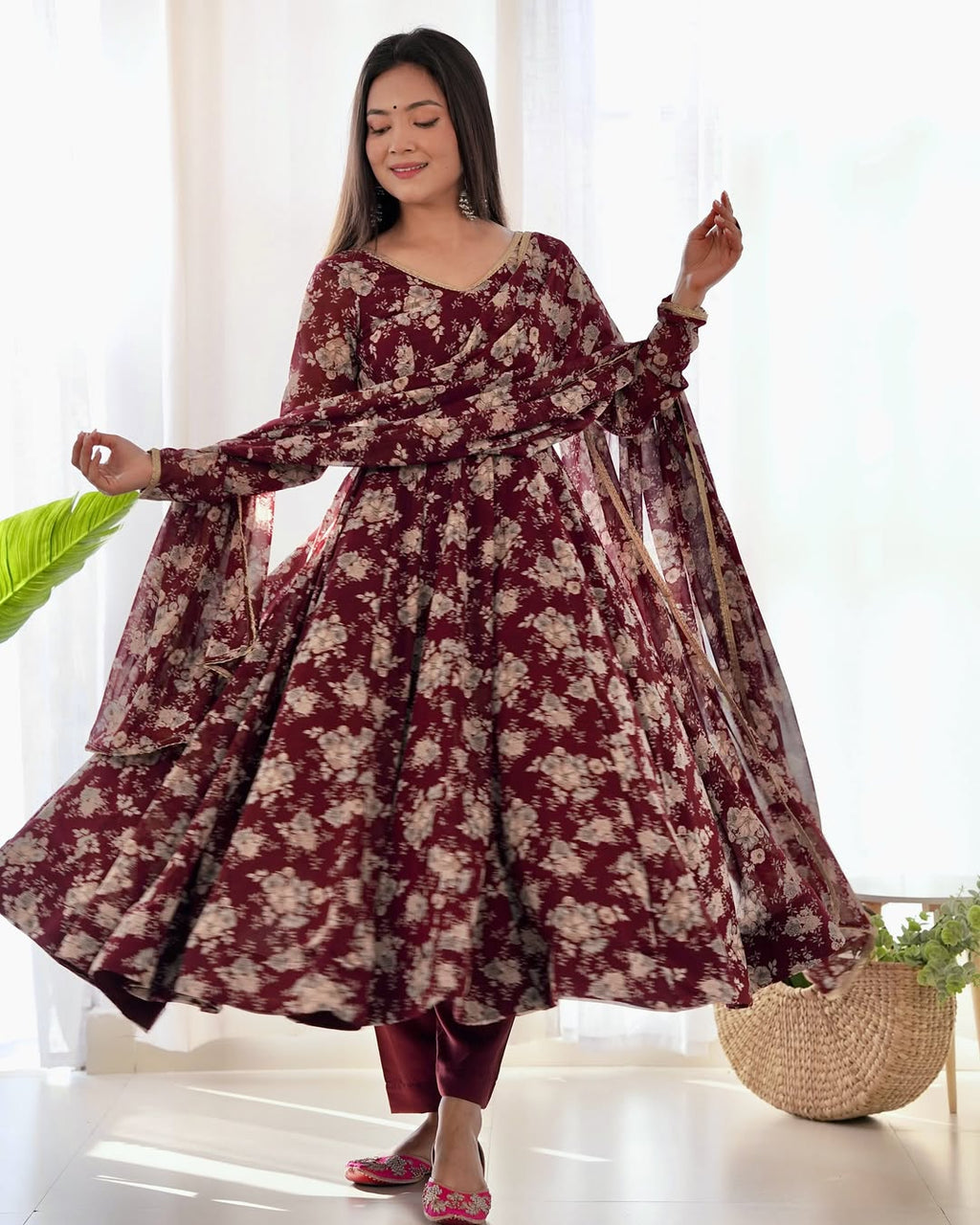 Saisha brown georgette flared anarkali suit set