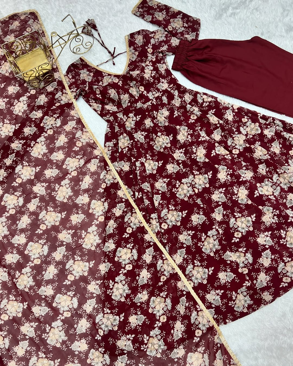 Saisha brown georgette flared anarkali suit set