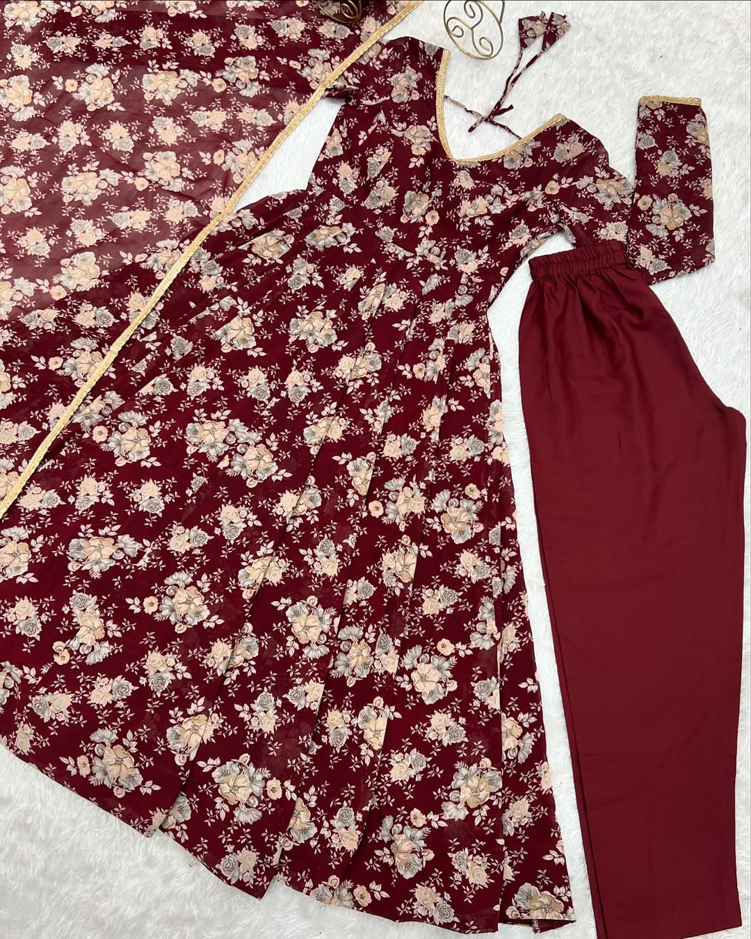 Saisha brown georgette flared anarkali suit set