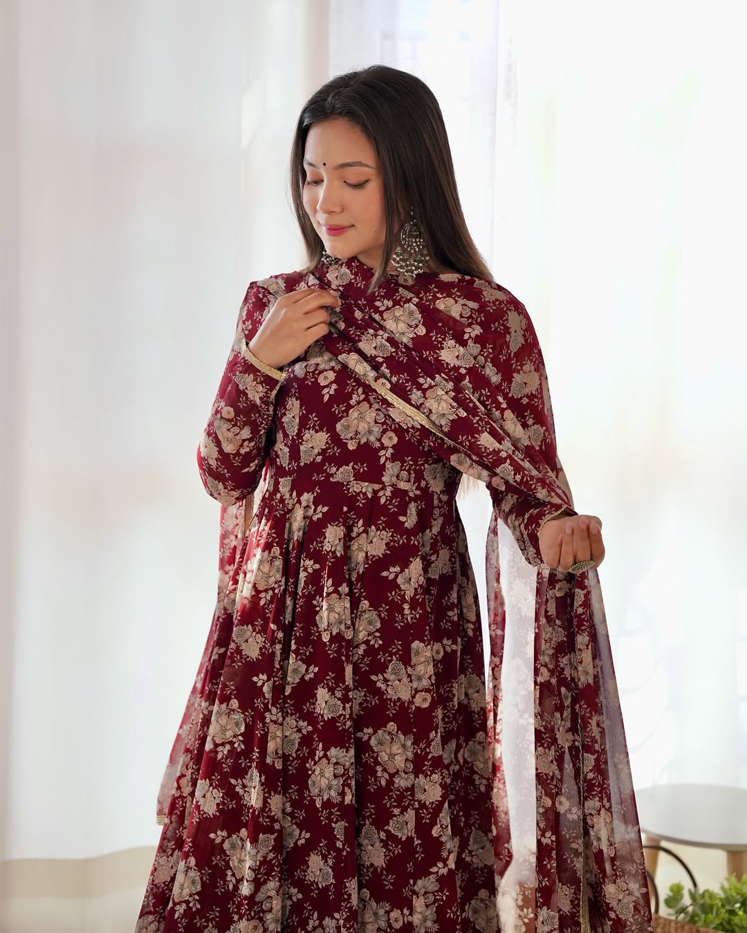 Saisha brown georgette flared anarkali suit set