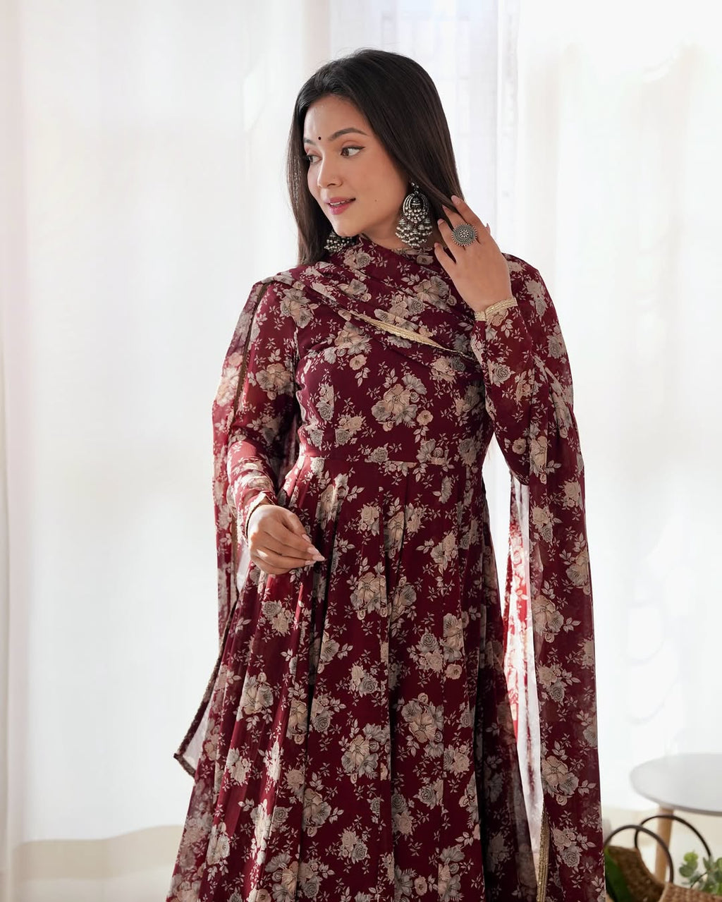 Saisha brown georgette flared anarkali suit set