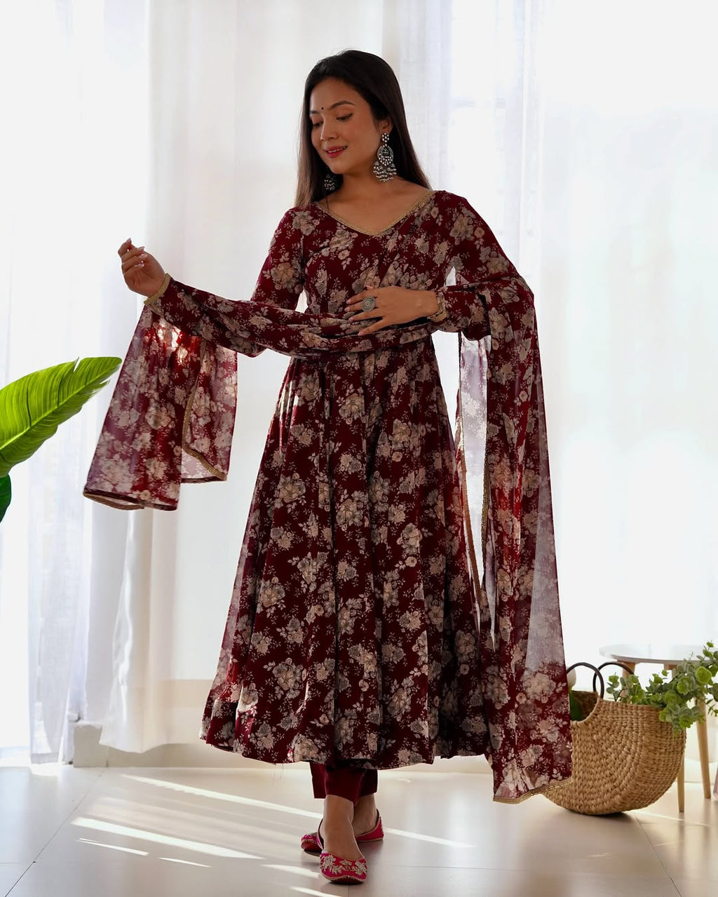 Saisha brown georgette flared anarkali suit set