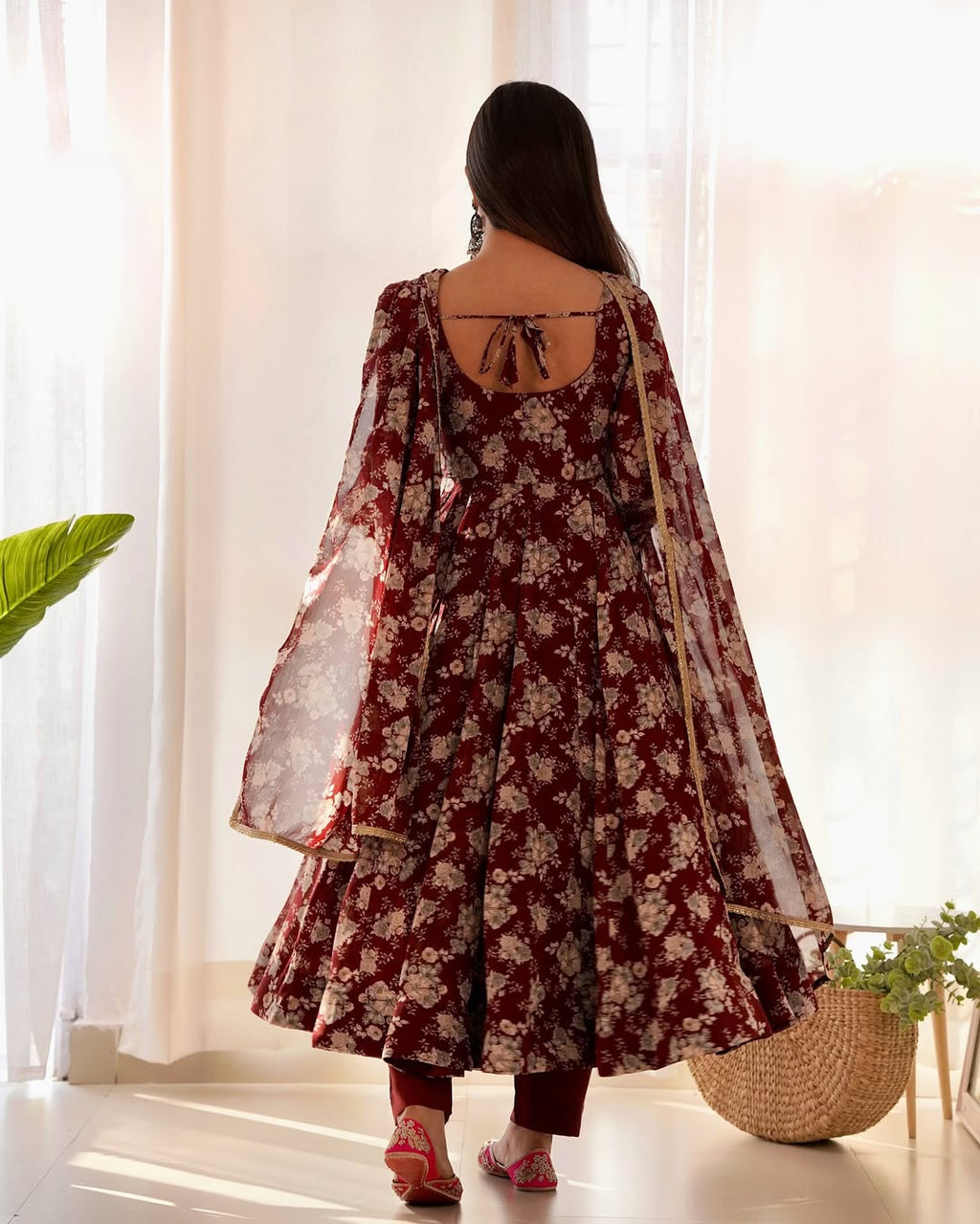 Saisha brown georgette flared anarkali suit set